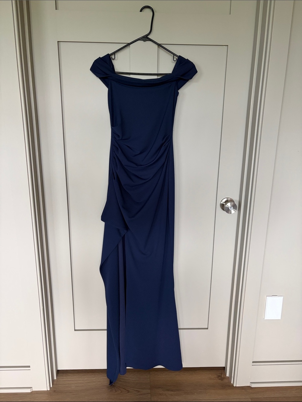 Off-the-Shoulder Navy Evening Gown